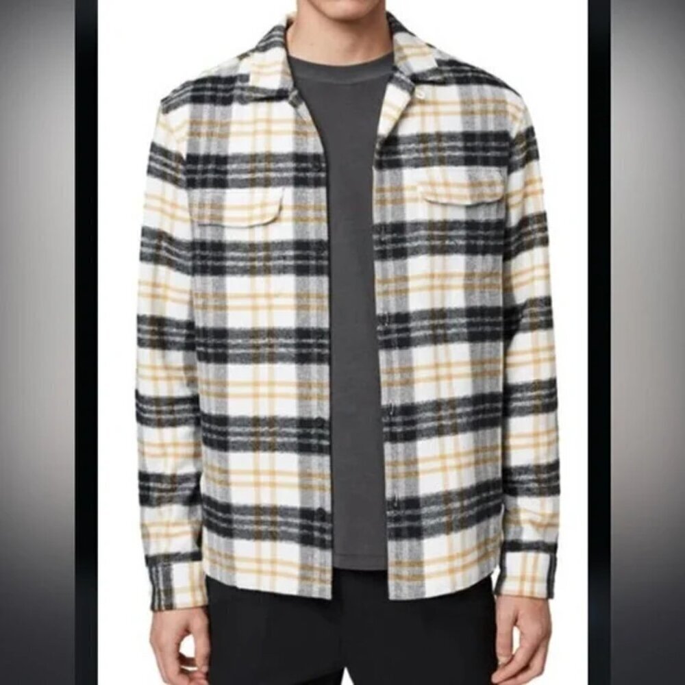 Allsaints Mens Lenado Fleece Plaid Button Down Shirt‎ Yellow Black size medium